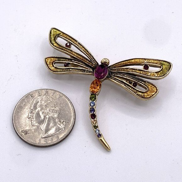Vintage Monet Multicolor Rhinestone Dragonfly Brooch Gold Tone Statement Pin - Picture 5 of 5